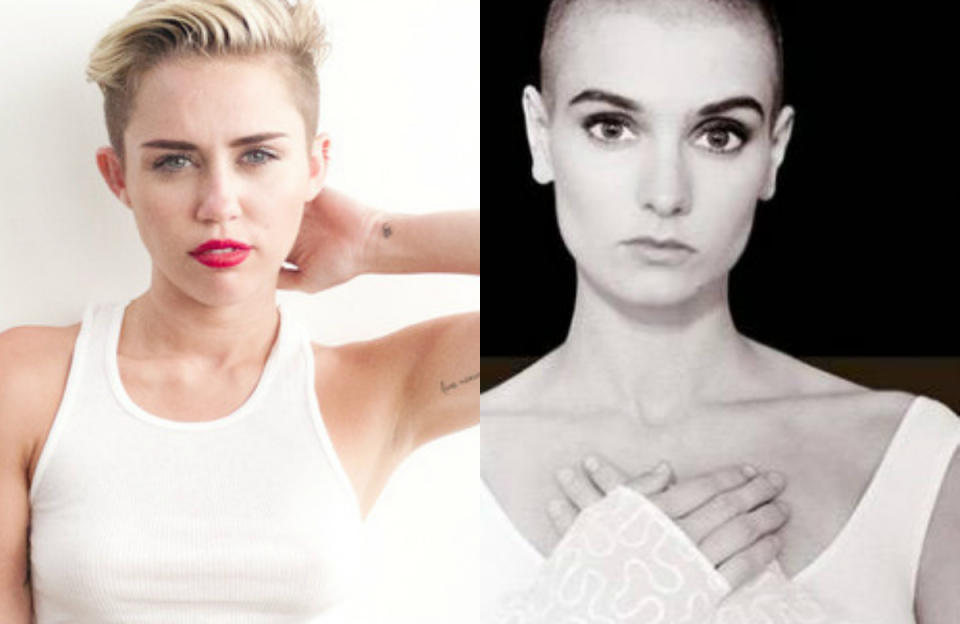 Miley Cyrus in “Wrecking Ball” and Sinead O’Connor in “Nothing Compares to You.”