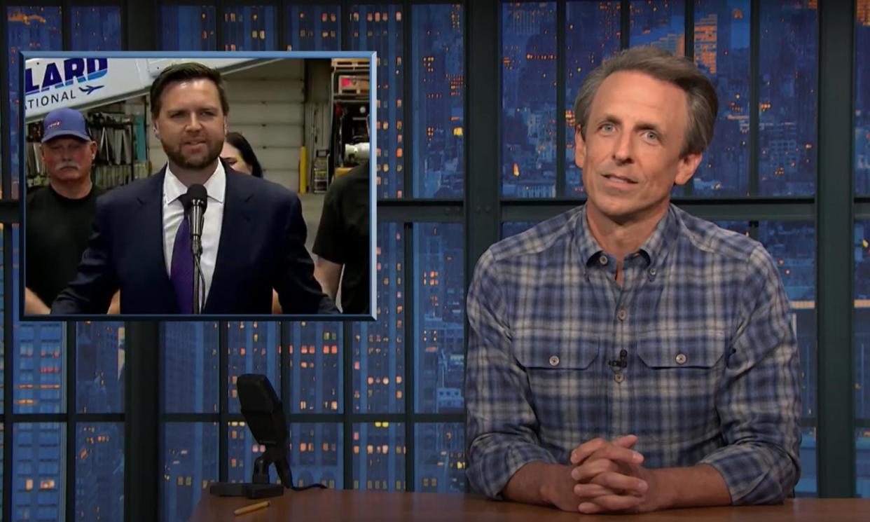 <span>Seth Meyers: ‘JD Vance answers simple questions like he’s in an episode of Frasier where Niles accidentally joins a biker gang.’</span><span>Photograph: Youtube</span>