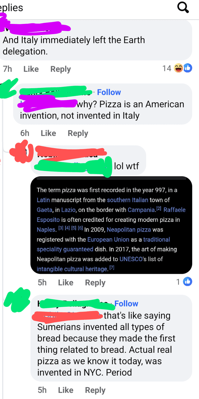 Commenters arguing about the origin of pizza, with one person saying "actual real pizza" was invented in NYC and someone posting a history going back to 997 in Italy
