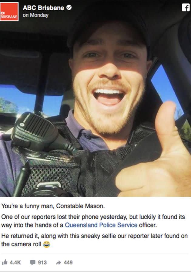 The cop gave a thumbs up in his selfie which ABC posted to their Facebook page. Source: Facebook