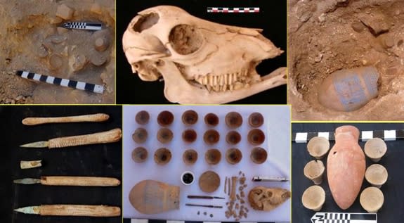 Here, a cow's head, a blue painted vase, flint blades, ceramics and other artifacts from four deposits possibly buried as a ritual act of sorts before the construction of a tomb in what is now Egypt's Valley of the Kings.