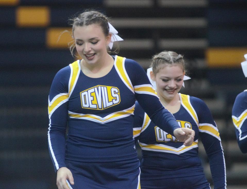 Fayth Sanom leads the Gaylord cheer team during a competitive cheer competition on Friday, January 20 at Mount Pleasant High School in Mount Pleasant, Mich.