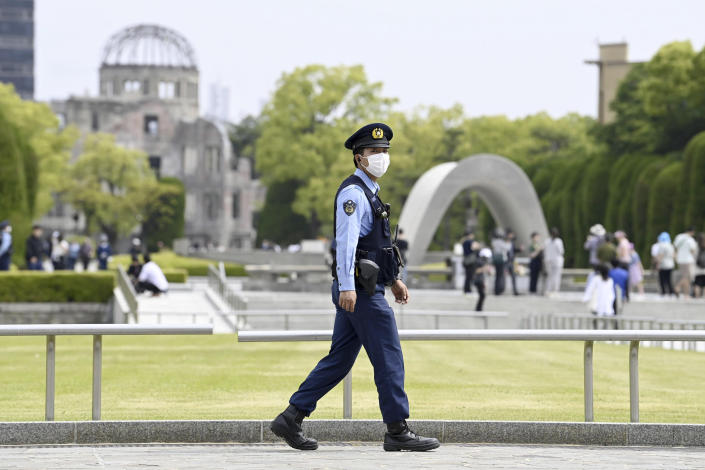A police officer works at the Peace Memorial Park, where leaders of seven of the world’s most powerful democracies are expected to visit, in Hiroshima, western Japan, Thursday, May 18, 2023, ahead of the G-7 summit. (Kyodo News via AP)