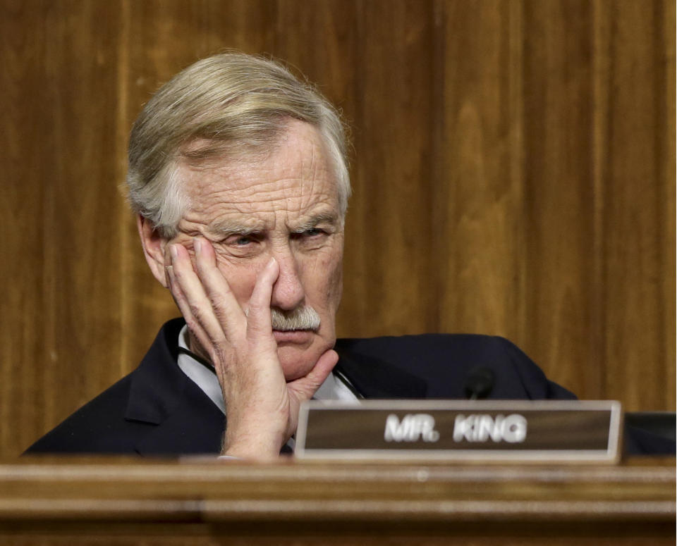 In this Jan. 31, 2013 photo, Sen. Angus King (I-Maine) listens to testimony during hearing on Capitol Hill in Washington. (AP Photo/J. Scott Applewhite, File)