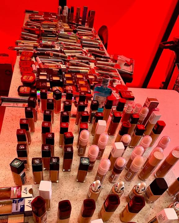 Stolen cosmetics are displayed after an arrest. (Los Angeles Police Department)