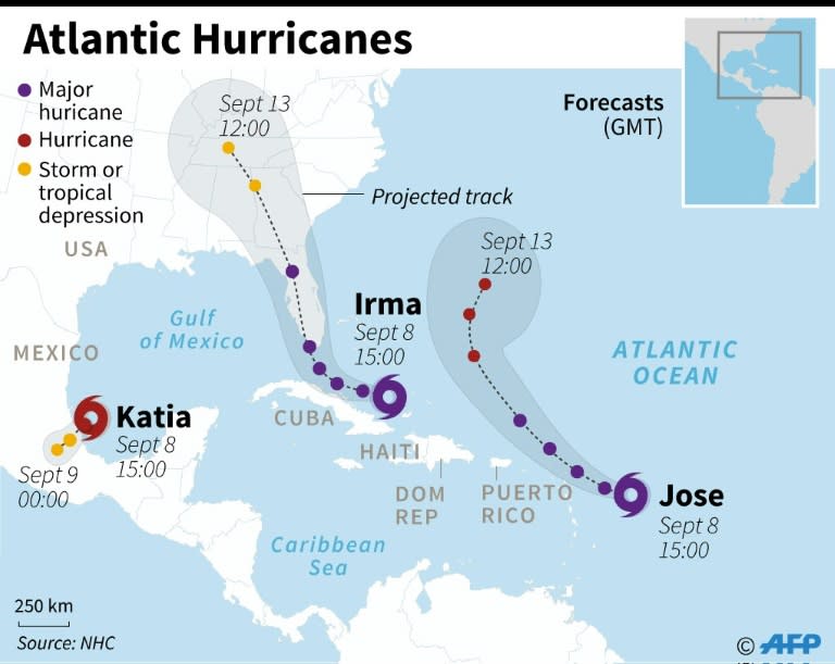 Updated map showing the forecast track of three powerful hurricanes in the Atlantic