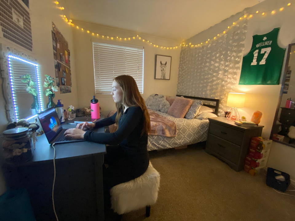 Molly Wellner, a student at Washington State University in Pullman, Wash., at her desk in her off-campus housing. Wellner and her roommates all tested positive for COVID-19 this fall<span class="copyright">Courtesy Molly Wellner</span>