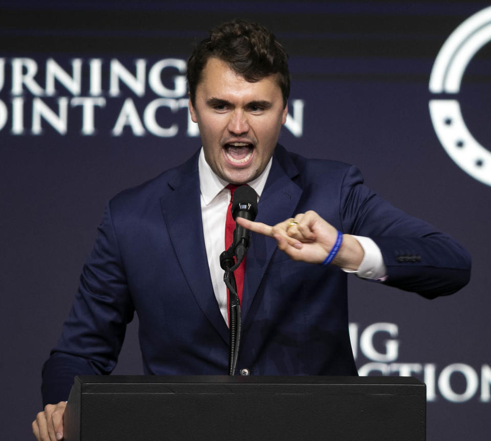 Charlie Kirk, founder and president of Turning Point USA, speaks during the Turning Point Action event at the Arizona Federal Theatre in Phoenix on July 24, 2021. Former President Donald Trump spoke later during the event.