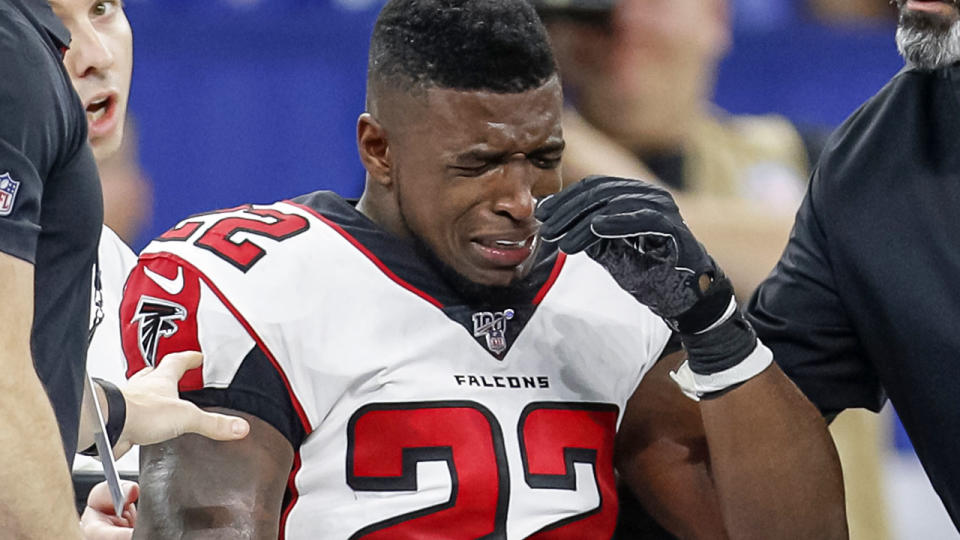 Keanu Neal, pictured here after suffering an awful injury.