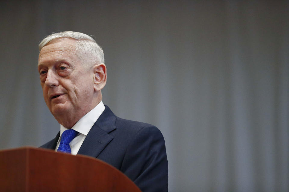 FILE - U.S. Secretary of Defense James Mattis speaks during a change of command ceremony at the n U.S. Southern Command headquarters on Monday, Nov. 26, 2018, in Doral, Fla. Former U.S. Secretary of Defense Mattis testified Wednesday, Sept. 22, 2021, in the trial of fallen tech star Elizabeth Holmes, saying the entrepreneur misled him into believing she was on the verge of rolling out a blood-testing breakthrough that he hoped would help save lives of troops in battle. (AP Photo/Brynn Anderson, File)