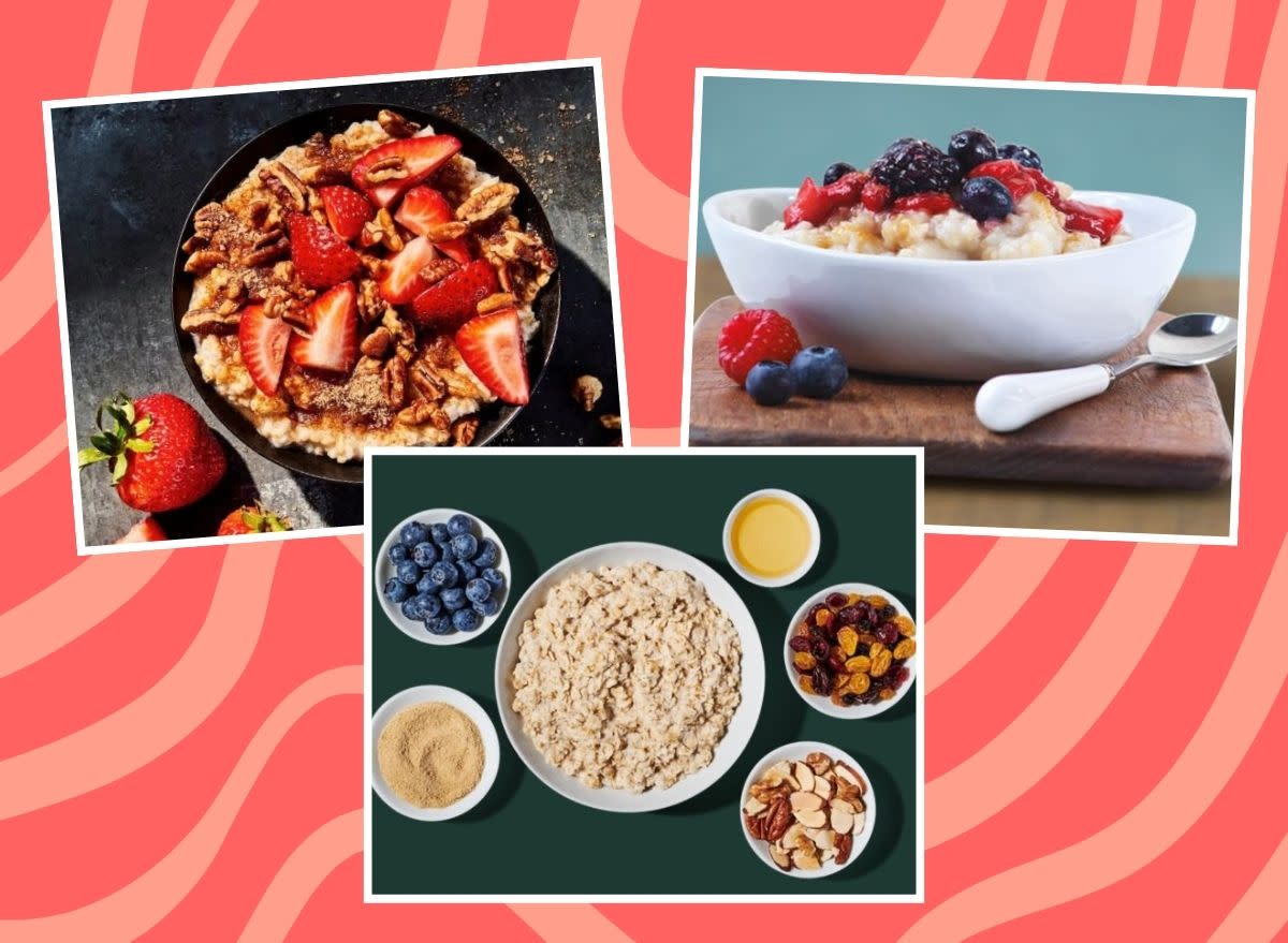 three pictures of oatmeal on a red background