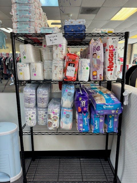 Diapers are expensive items that can be found at a discount. 
Lil Yogi's Children's Blessings in Halls, Knoxville, Tennessee, 2024.