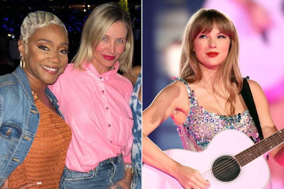 <p>Tiffany Haddish Instagram; John Shearer/Getty Images </p> Tiffany Haddish and Cameron Diaz (left) photographed together; Taylor Swift (right) in Glendale, Arizona on Aug. 9, 2023