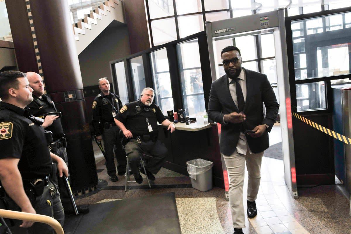 Lee Merritt, lawyer for the family of Ralph Yarl, arrives for the initial court appearance of Andrew Lester, who was charged in the shooting of 16-year-old Yarl, in Clay County Court on April 19, 2023. (Getty Images)