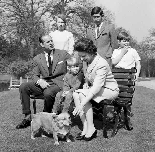 PHOTO: Queen Elizabeth and family pose for family photographs along with their pet corgi in the gardens at Frogmore House, April 21, 1968, in Windsor, England. (PA Images via Getty Images)