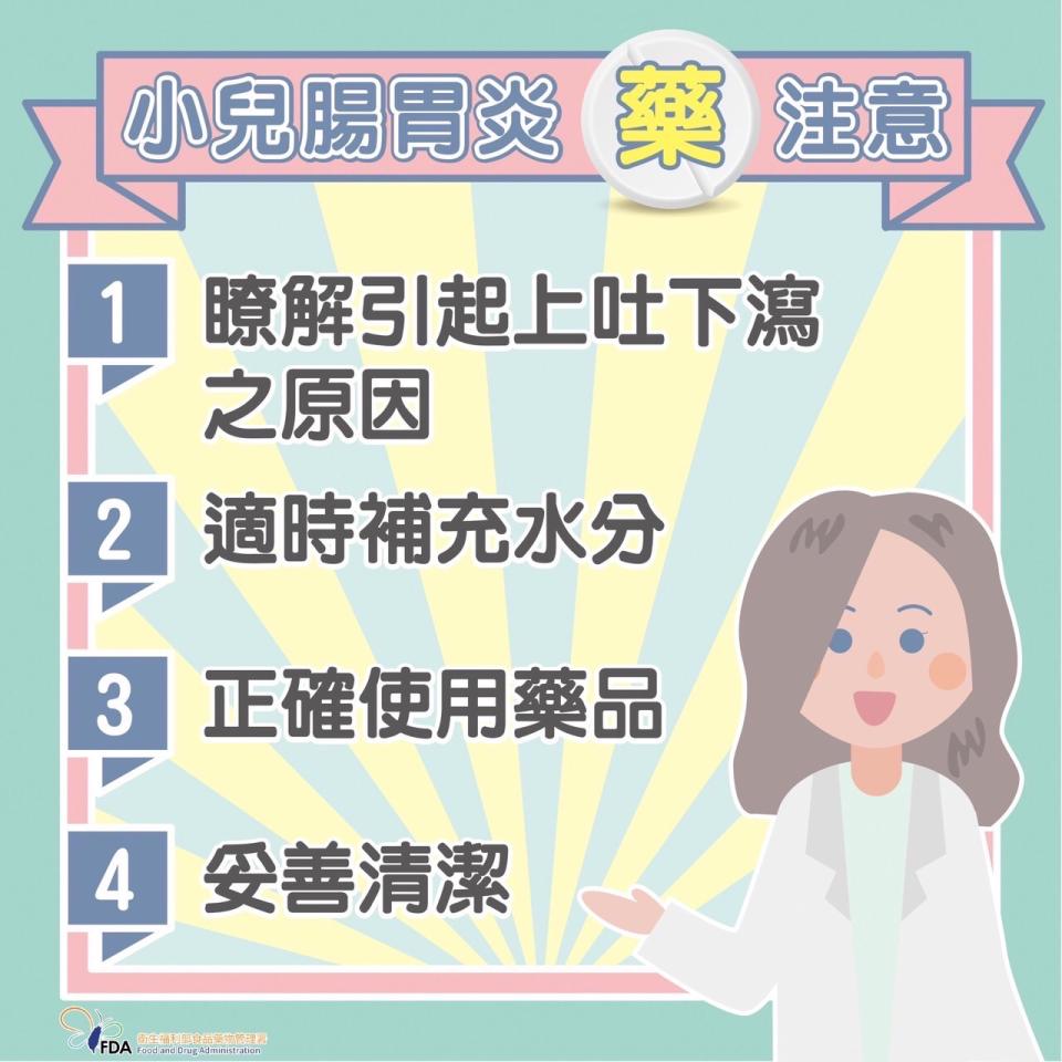 食藥署提醒小兒腸胃炎需注意的相關事項。   圖：食藥署/提供