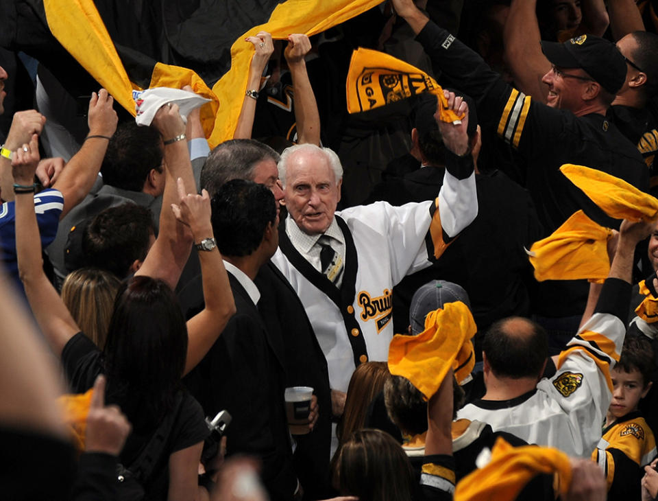 <p>BOSTON, MA – JUNE 13: Milt Schmidt legend and former player of the Boston Bruins waves a towel before a game against the Vancouver Canucks in Game Six of the 2011 NHL Stanley Cup Final at TD Garden on June 13, 2011 in Boston, Massachusetts. (Photo by Steve Babineau/NHLI via Getty Images) </p>