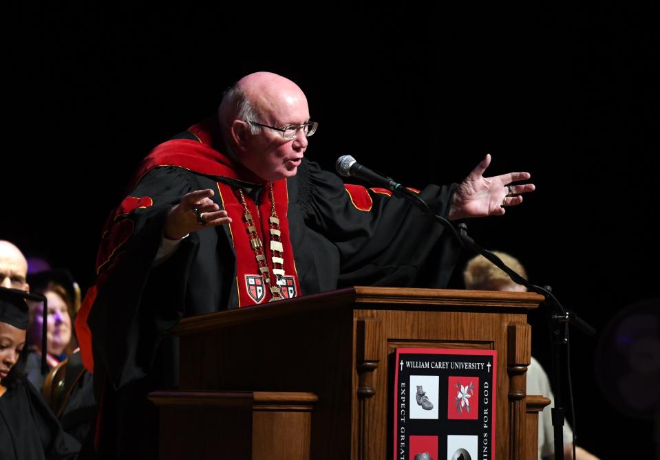 William Carey president Tommy King welcomes facility and students at the opening convocation in the Thomas Fine Arts Auditorium on Monday. August 27, 2018. 