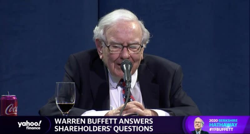 Video grab of Warren Buffett addressing shareholders at the annual meeting of his Berkshire Hathaway Inc, which is being virtually broadcast due to the coronavirus disease (COVID-19) pandemic, in Omaha