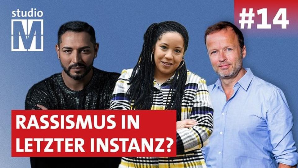 Nicht nur im "klassischen" Fernsehen aktiv: Mit "Monitor studio M" bespielt die "Monitor"-Redaktion auch Formate im Internet. Hier ein Aufmacher-Bild der "Ausgabe 14", in der Gastgeber Georg Restle (rechts) Gianni Jovanovic und Tayo Awosusi-Onutor zu einer Diskussion über Rassismus begrüßte. (Bild: WDR)