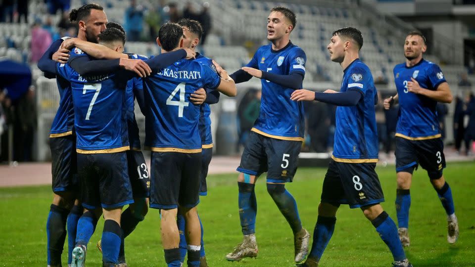 Kosovo's players celebrate Milot Rashica's goal against Israel. - Armend Nimani/AFP/Getty Images