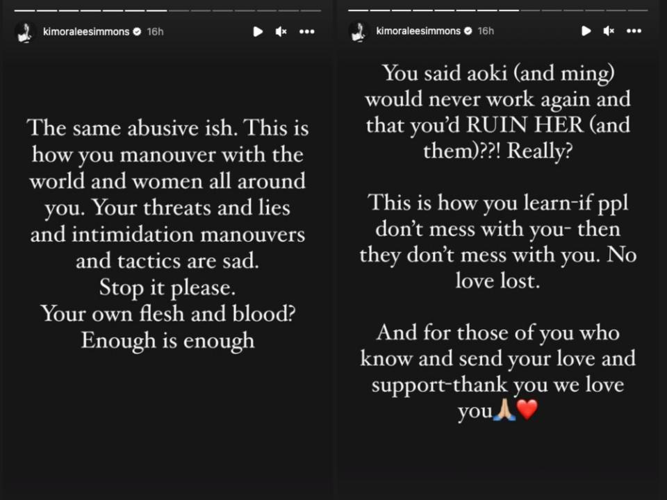side by side instagram story posts from kimora lee simmons, accusing russell simmons of doing "the same abusive ish" and telling him to stop going after his "won flesh and blood." in the second post, she says that simmons told her daughters that they would never work again