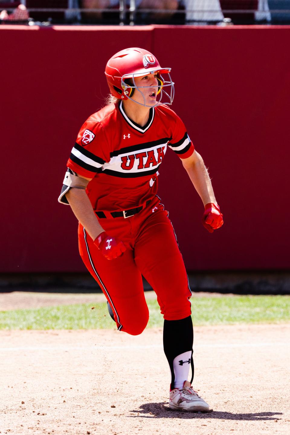 Utah infielder Ellessa Bonstrom (2) runs during the third game of the NCAA softball Super Regional between Utah and San Diego State at Dumke Family Softball Stadium in Salt Lake City on Sunday, May 28, 2023. | Ryan Sun, Deseret News