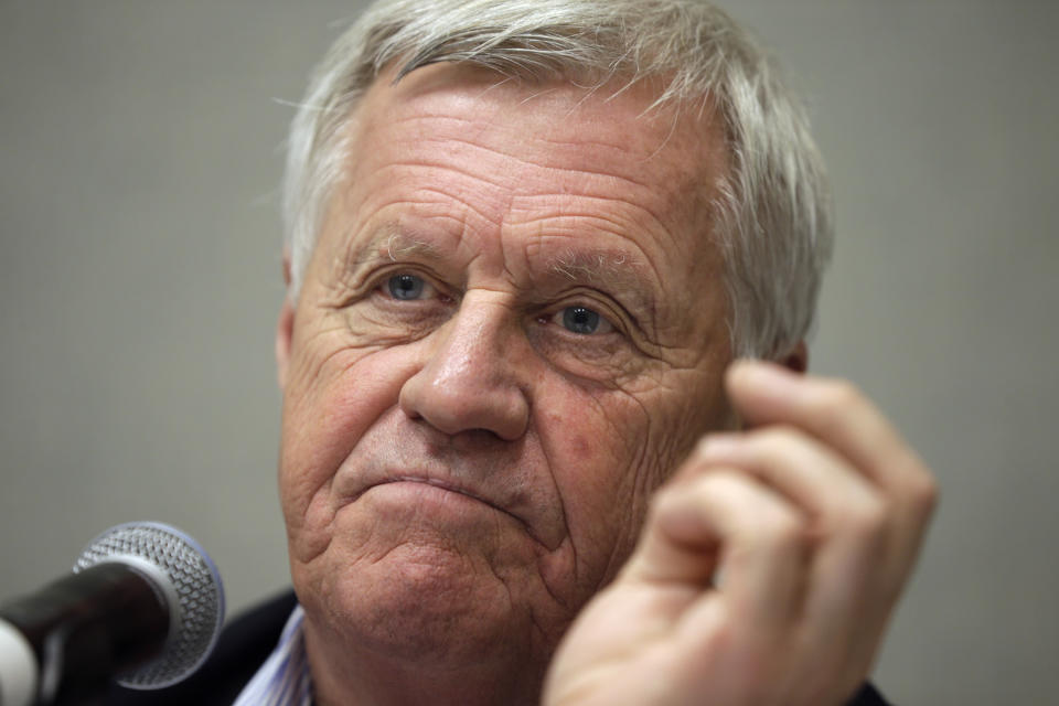 FILE - In this Sept. 2, 2014, file photo, Rep. Collin Peterson, D-Minn., listens to a question during an appearance in Hot Springs, Ark. (AP Photo/Danny Johnston, File)