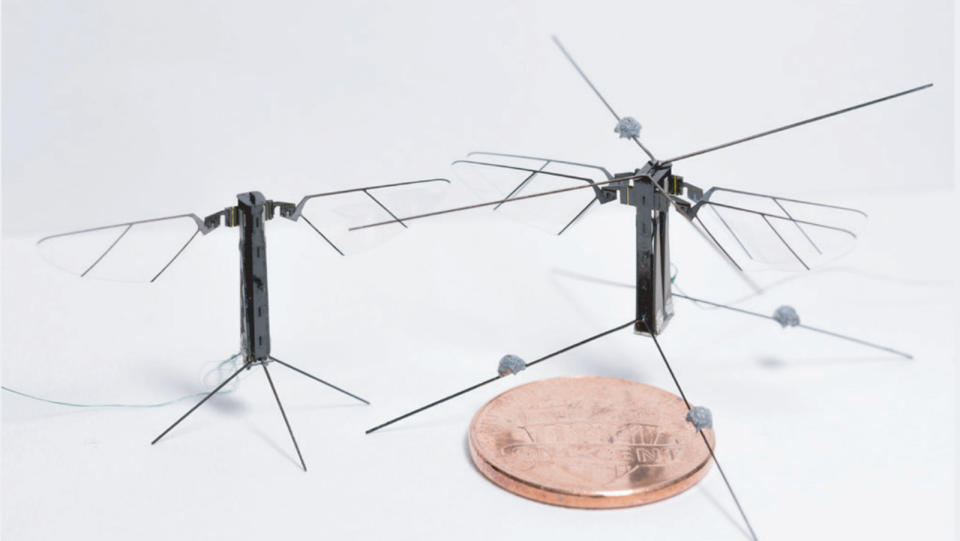 It's difficult to make an insect-like flying robot \-- realistic four-wingedbots are typically too heavy, while lighter two-winged models tend to flyerratically