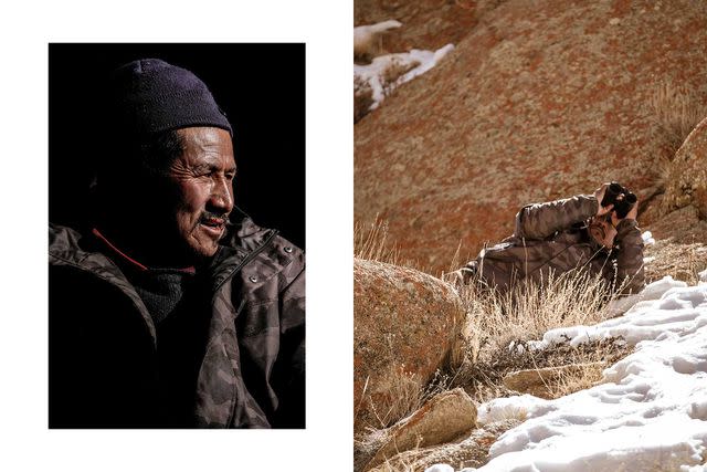 <p>Himanshu Lakhwani</p> From left: Tchewang Norbu takes visitors on leopard-tracking expeditions in the Himalayas; Norbu scans the mountainside for signs of leopard activity.