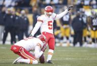 Dec 21, 2014; Pittsburgh, PA, USA; Kansas City Chiefs kicker Cairo Santos (5) kicks a twenty three yard field goal against the Pittsburgh Steelers during the fourth quarter at Heinz Field. The Steelers won 20-12. Mandatory Credit: Charles LeClaire-USA TODAY Sports