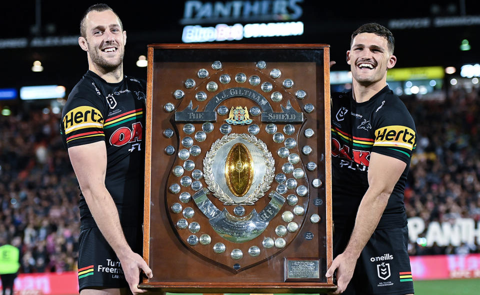 The Penrith Panthers, pictured here with the JJ Giltinan Shield for winning the minor premiership. (Photo by Izhar Khan/Getty Images)