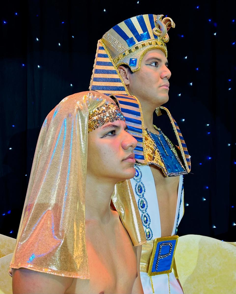 Kevin Rodriguez as "Joseph" and Jared Sierra as "Pharaoh" in the musical "Joseph and the Amazing Technicolor Dreamcoat," playing at the Henegar Center through Sept. 3, 2023. Visit henegarcenter.com.