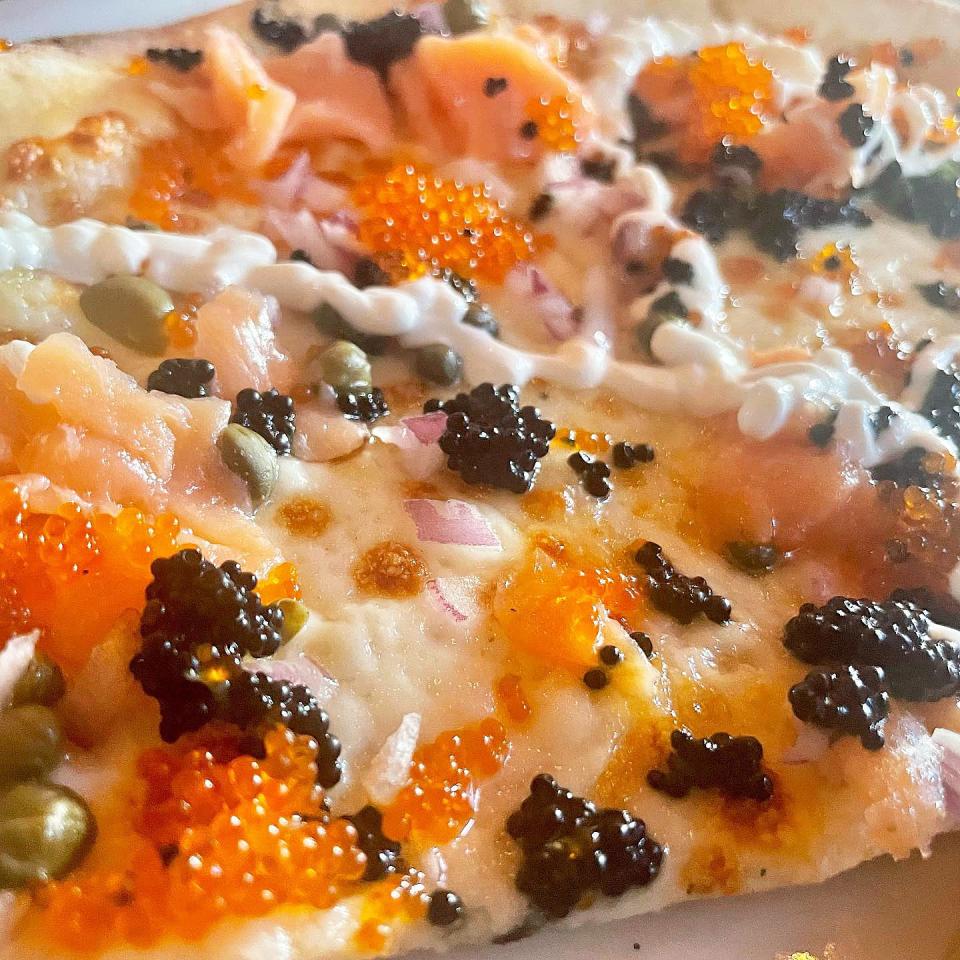 The Palm Beach Pizza at Pizza al Fresco features caviar and smoked salmon.