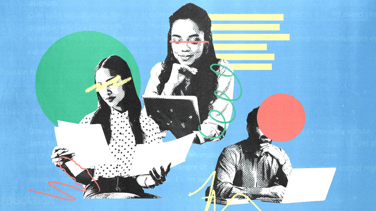 artistic image of three people looking at papers, notebooks and laptops. Each person has their eyes scribbled out or covered by shapes, hiding their identity. There are colorful scribbles around and on them as well