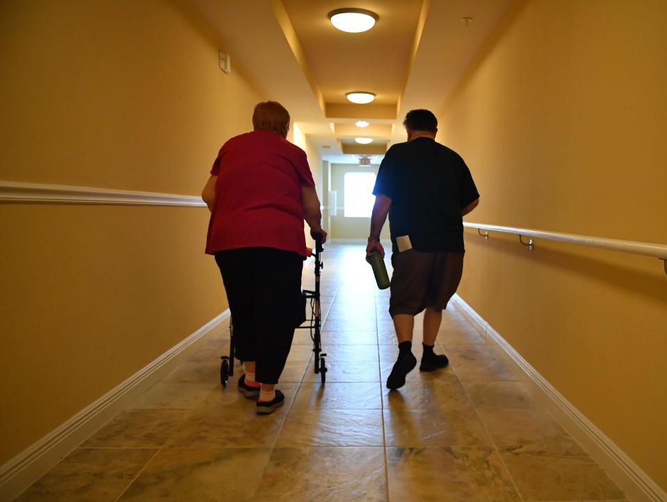 Art and Judith McLaughlin walk to their two-bedroom apartment. Some seniors at Venetian Walk Senior Apartments in Venice received rent increase notices on their doors last week after a recent HUD adjustment to AMI allowed building managers a higher ceiling for changing rents.  