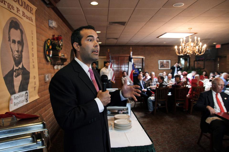 George P. Bush makes a campaign stop in El Paso, Texas, on Monday, March 3, 2014. In the nation’s first primary of the season, Texas politicians scramble to fill a void left by an extraordinary shakeup in state offices. Bush, the nephew of one former president, grandson of another and son of an ex-Florida governor is expected to officially join the family business of winning elections when he secures the Republican land commissioner nomination during Tuesday’s Texas primary. (AP Photo/ Juan Carlos Llorca)