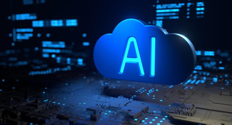 An image of a cloud with AI written on it is shown in a data center.