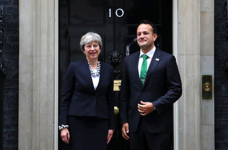 Britain's Prime Minister Theresa May welcomes Ireland's Taoiseach Leo Varadkar to Downing Street in London, September 25, 2017. REUTERS/Hannah McKay