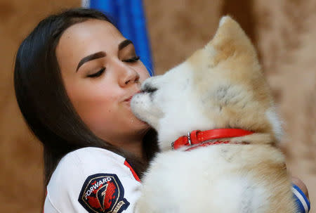 Russian figure skating gold medallist Alina Zagitova kisses an Akita Inu puppy presented to her in Moscow, Russia May 26, 2018. REUTERS/Maxim Shemetov