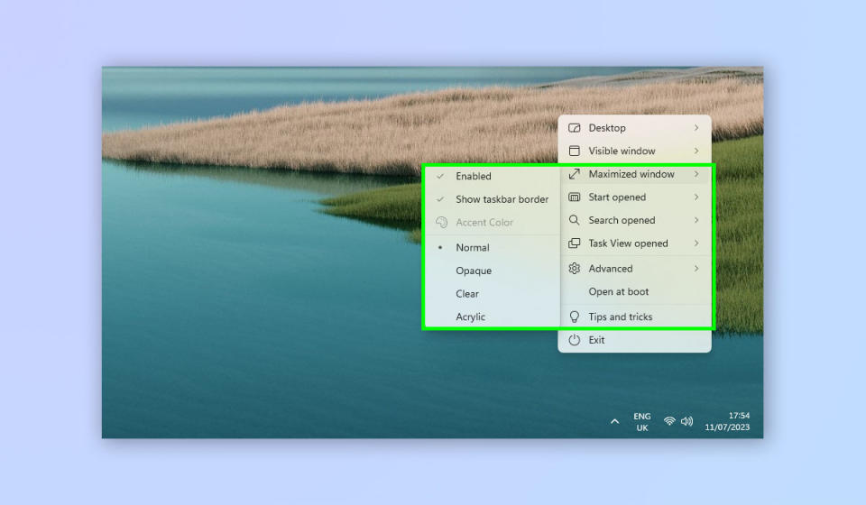 A screenshot showing how to get a transparent taskbar on Windows 11