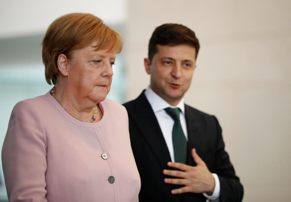 German Chancellor Angela Merkel and Ukrainian President Zelenskiy attend a news conference in Berlin, Germany, June 18, 2019. REUTERS/Hannibal Hanschke