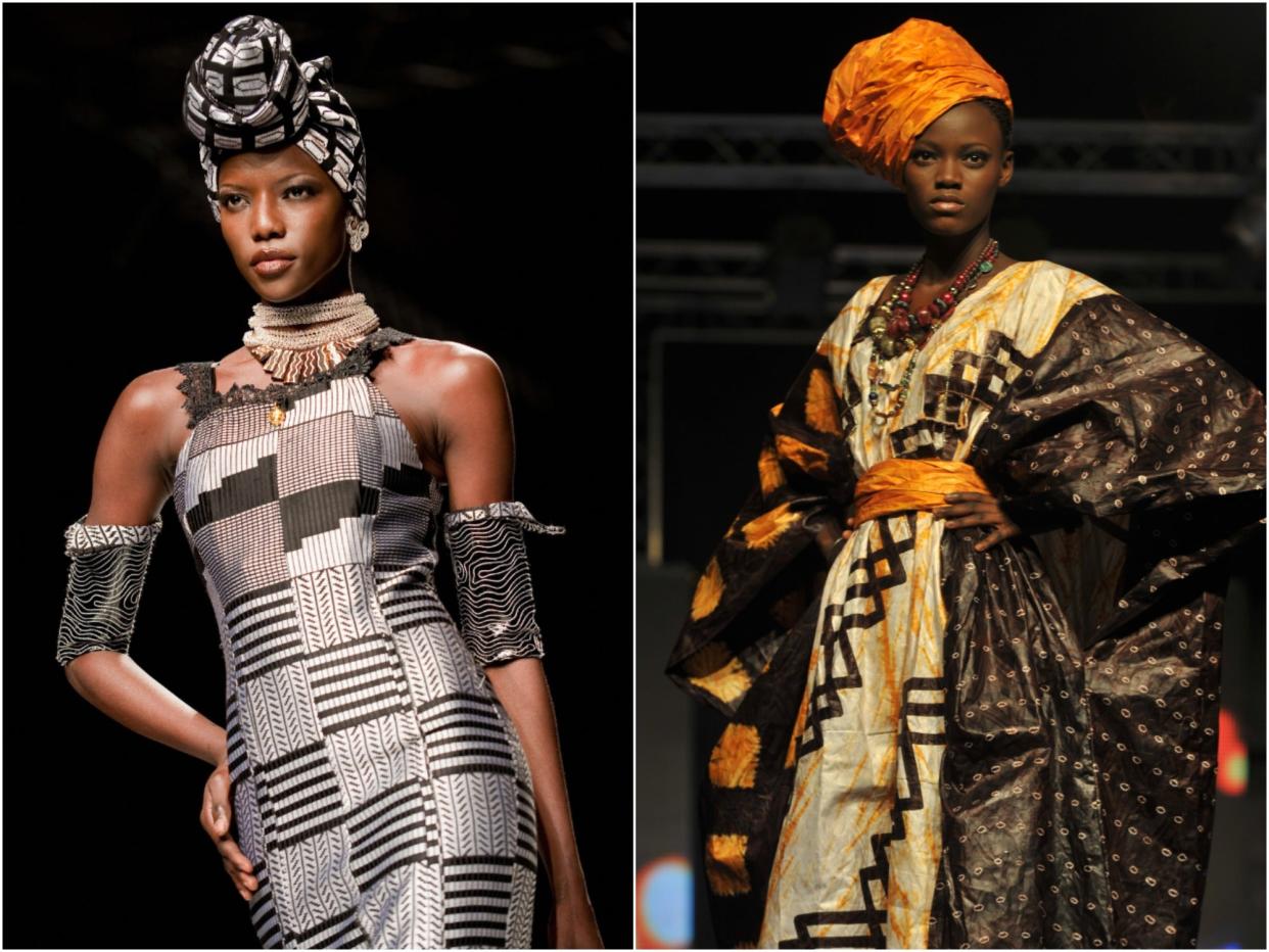 A look by Ghanaian designer Kofi Ansah, left, and one of Nigerian designer Alphadi’s creations, right (Getty images )
