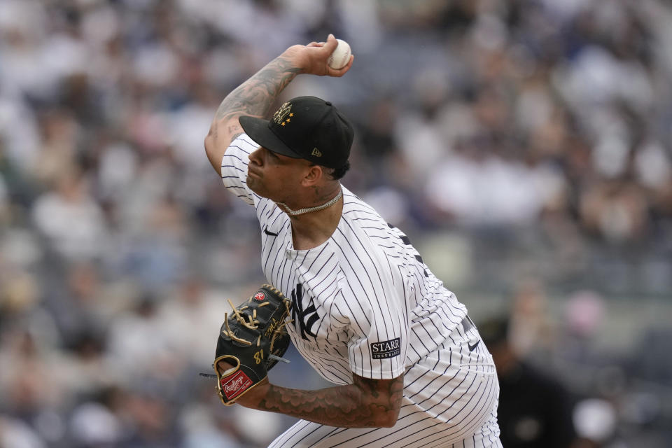 New York Yankees' Luis Gil pitches during the second inning of a baseball game against the Chicago White Sox, Saturday, May 18, 2024, in New York. (AP Photo/Frank Franklin II)