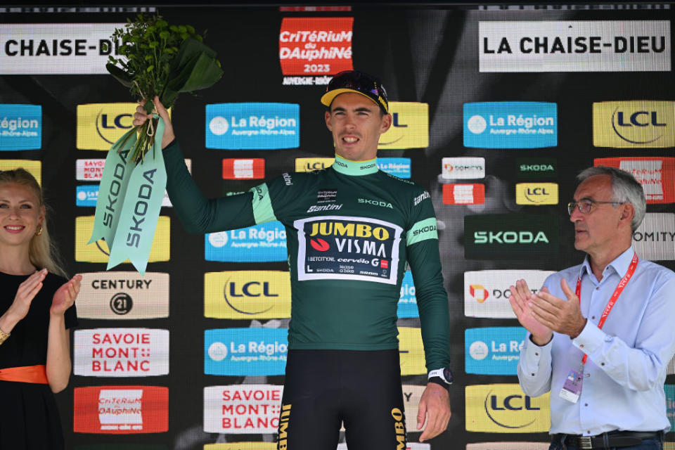 LA CHAISEDIEU FRANCE  JUNE 05 Christophe Laporte of France and Team JumboVisma celebrates at podium as Green Points Jersey winner during the 75th Criterium du Dauphine 2023 Stage 2 a 1673km stage from BrassaclesMines to La ChaiseDieu 1080m  UCIWT  on June 05 2023 in La ChaiseDieu France Photo by Dario BelingheriGetty Images