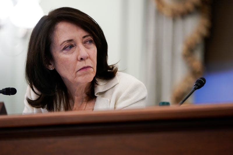 Senator Maria Cantwell (D-WA) listens as FAA Administrator Stephen Dickson speaks during a hearing before the Senate Committee on Commerce, Science and Transportation on November 3, 2021 in Washington, DC.