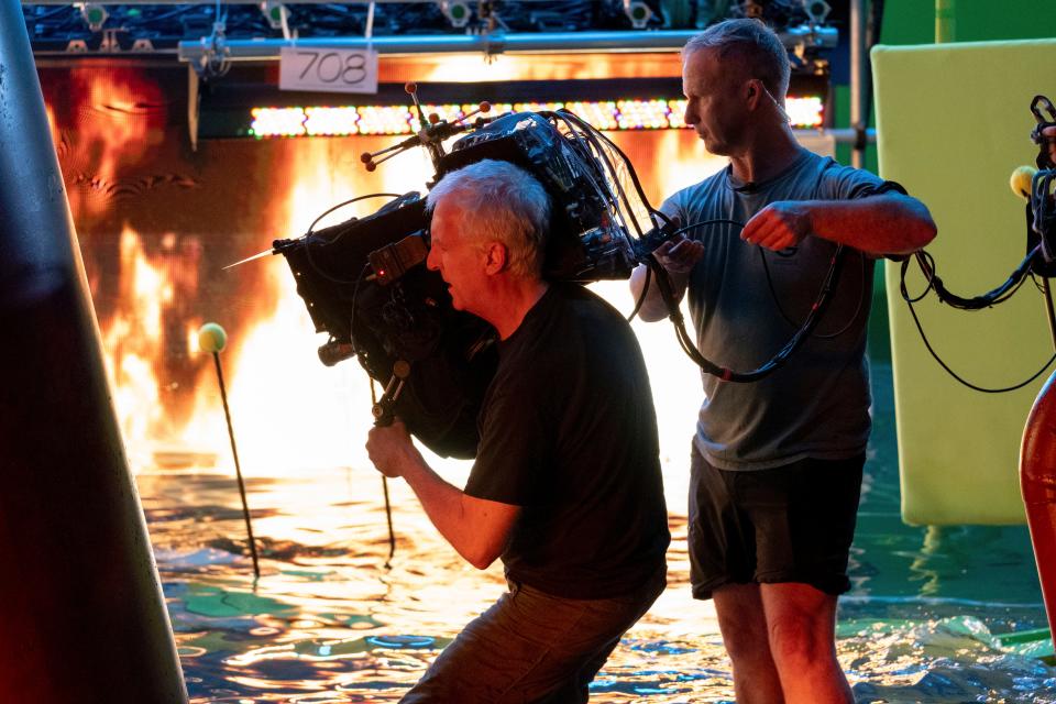 Director James Cameron directs a battle sequence in "Avatar: The Way of Water," the sequel to the top-grossing film of all time.