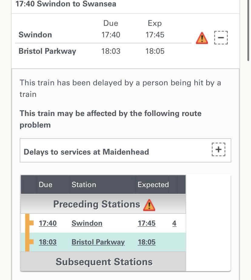 Anunciante de Swindon: la herramienta Journey Check de GWR dice que una persona ha sido atropellada por un tren