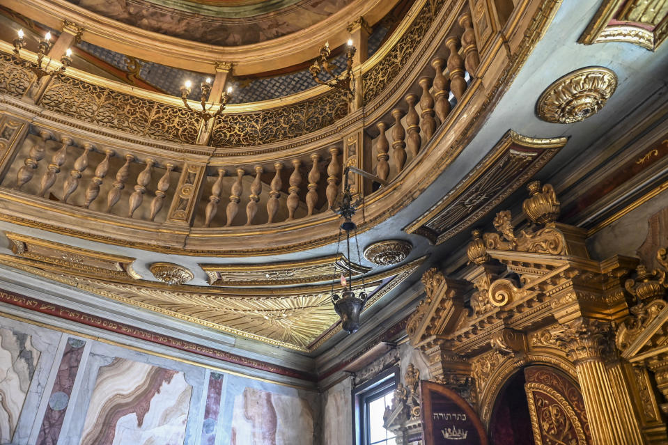 Interiors of the 1528 Great German Schola Synagogue, of Ashkenazi rite, are seen in this picture taken in Venice, northern Italy, Wednesday, June 1, 2022. The Great German Schola is the first synagogue of the Venice Ghetto. Venice’s Jewish ghetto is considered the first in Europe and one of the first in the world, and a new effort is underway to preserve its 16th century synagogues for the Jews who have remained and tourists who pass through. (AP Photo/Chris Warde-Jones)