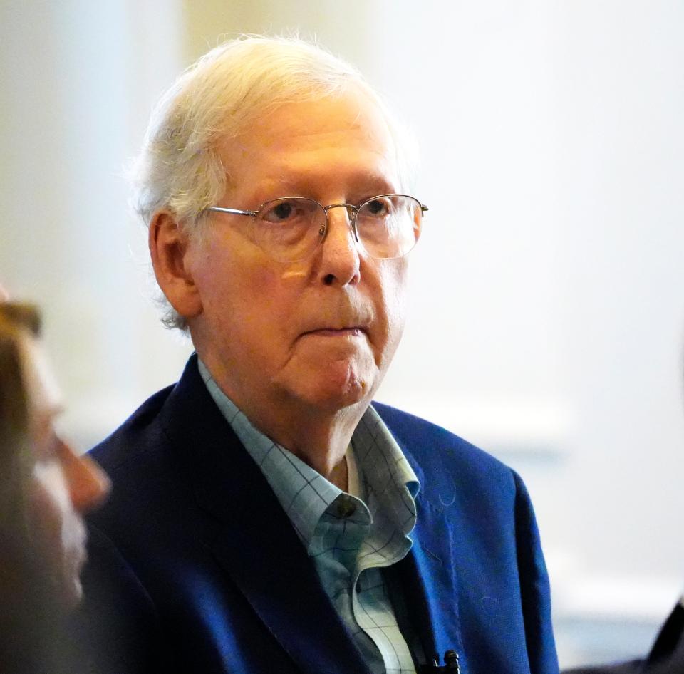 U.S. Sen. Minority Leader Mitch McConnell before taking the podium to speak at the NKY Chamber of Commerce at the Madison Event Center in Covington, Wednesday, Aug. 30, 2023.